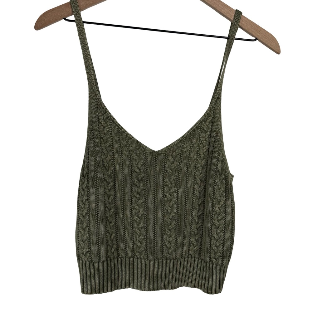 American Eagle Olive Green Cable Knit Sweater Tank Top Cropped V-Neck Large - Picture 3 of 5